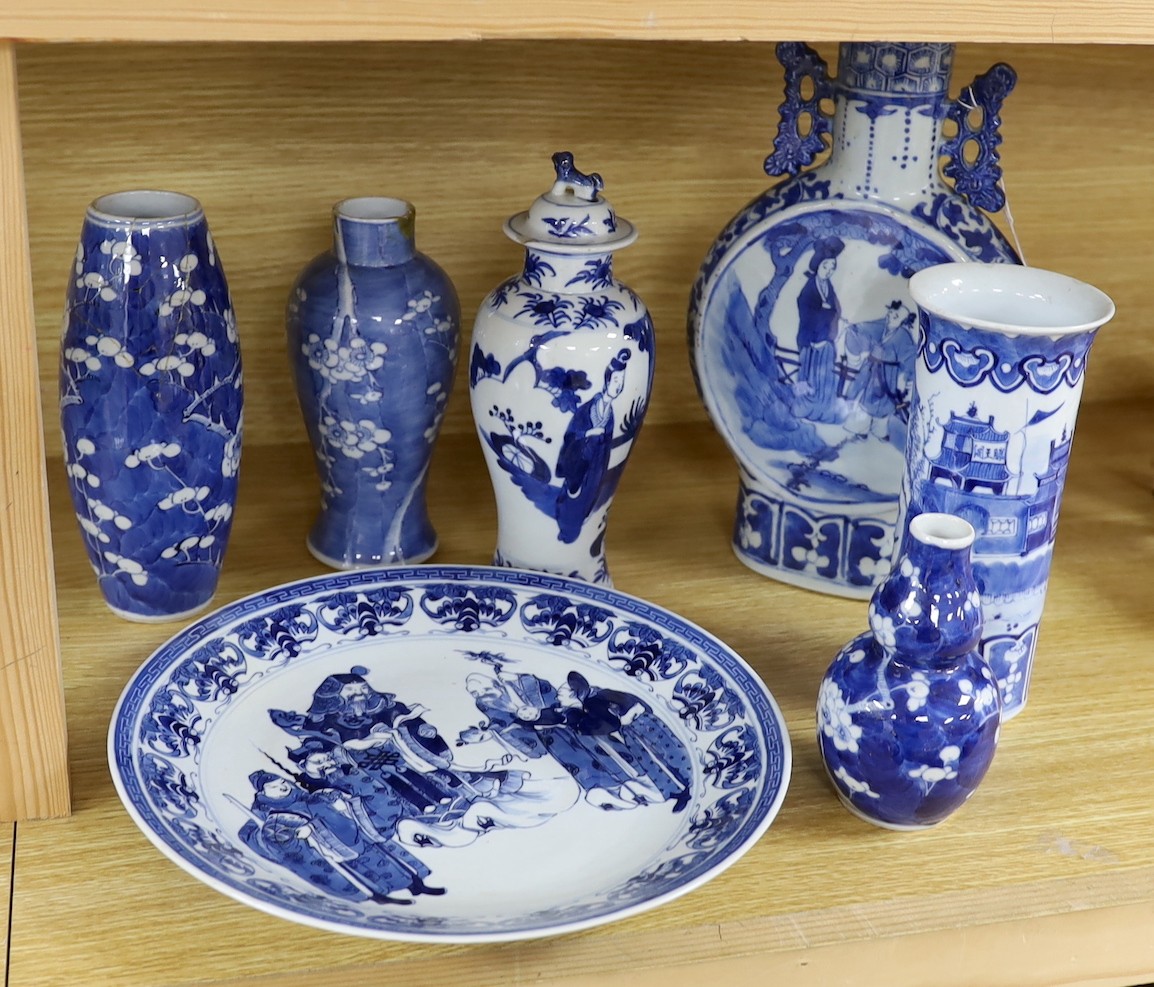 A collection of mixed 19th century Chinese blue and white porcelain to include a dish decorated with characters, other blue and white wares (some with damage). 29.5cm tall